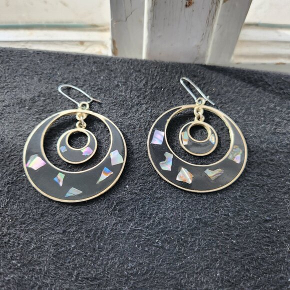 Vintage Black Abalone Alpaca Earrings - Picture 1 of 3